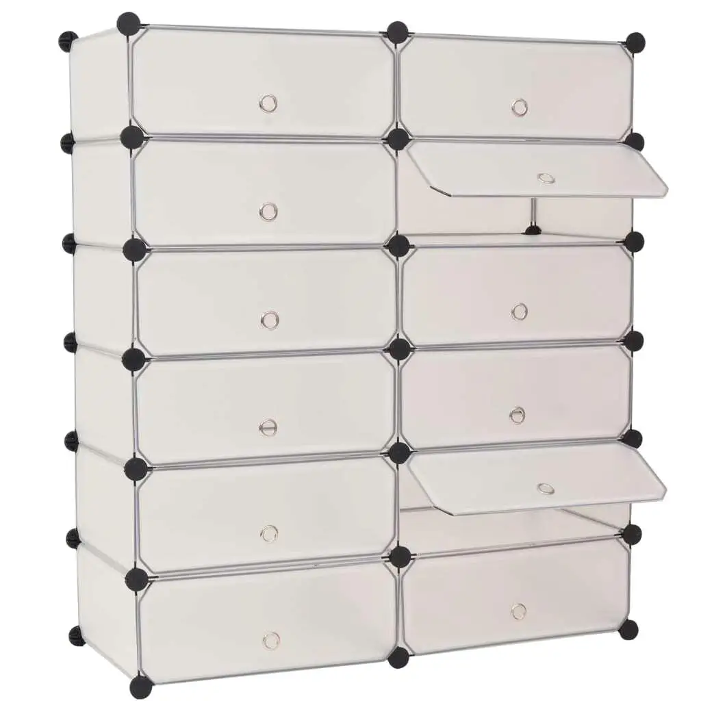 12-Compartment Interlocking Shoe Organizer - Space-Saving White Storage Solution