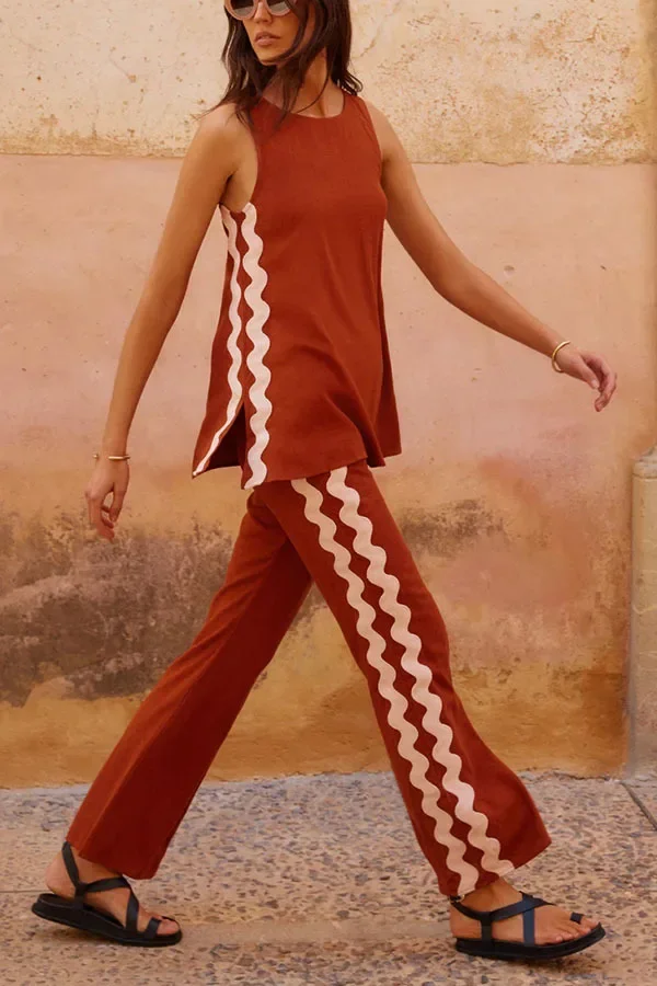 Verão feminino conjunto de duas peças o pescoço sem mangas impresso colete camisa calças soltas terno feminino conjuntos de correspondência