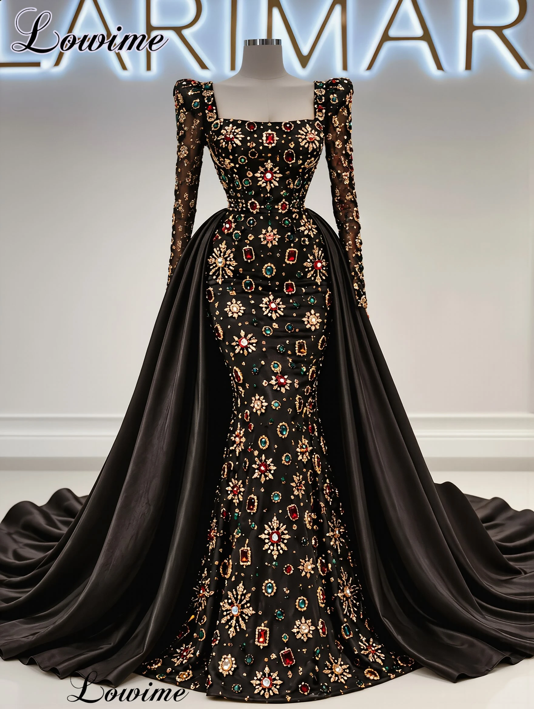 Full Hand Sewn Crystals Celebrity Dresses With Detachable Train Square Neckline Evening Dresses Vestidos De Gala Customized