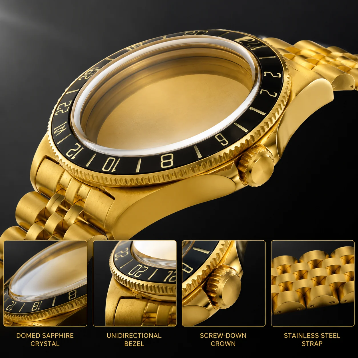 Domed Sapphire Glass 40mm Tactical Frog Men Watch Case Brushed Gold For NH34 NH35 ETA2824 PT5000 Automatic Watch Steel Bracelet
