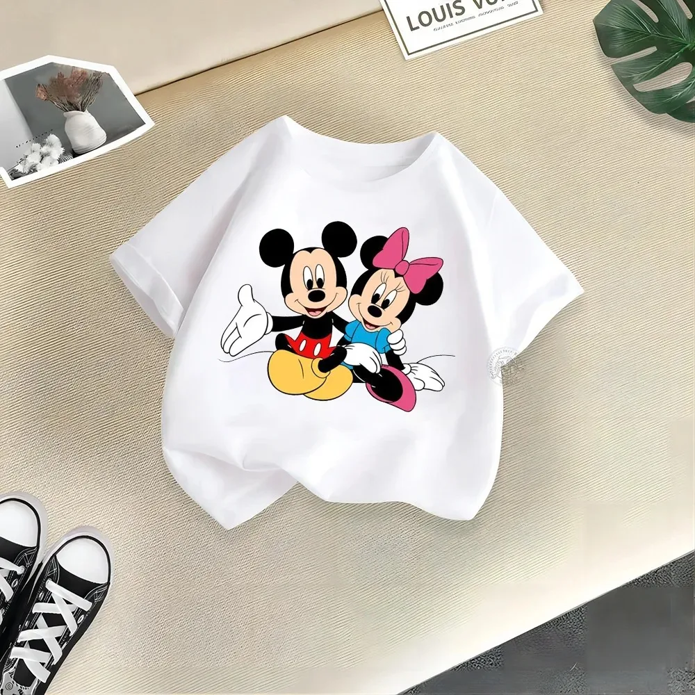 Disney Kids Summer Crewneck Cotton T-shirt Playful Mickey Minnie Short sleeved Boys Girls Comfortable Casual Top Cotton T-shirt