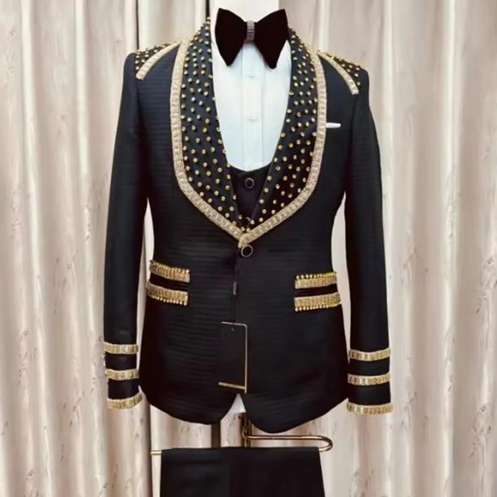 Male Fashion Groom Suits 2 Pieces Sets Rhinestone Beading Shawl Lapel Blazer One Button Jacket Customized Man Coat Black Pants