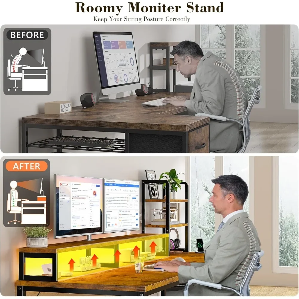 Gaming Desk with LED Lights, Computer Desk with Drawers, Home Office Desks with Power Outlets and Storage, Office Desks