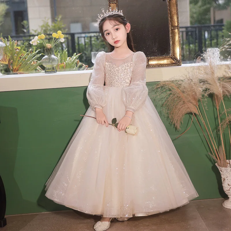 

Girls' Long Sleeve Flower Wedding Little Girl Birthday Princess Dress Children's Host Piano Performance Costume