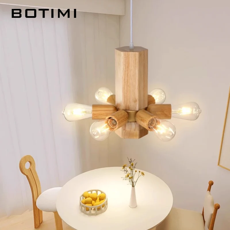 

BOTIMI Wooden Pendant Lights For Dining Wooden Solid Wood Hanging Lamp E27 Kitchen Luminaire Nordic Suspension Lighting Fixtures