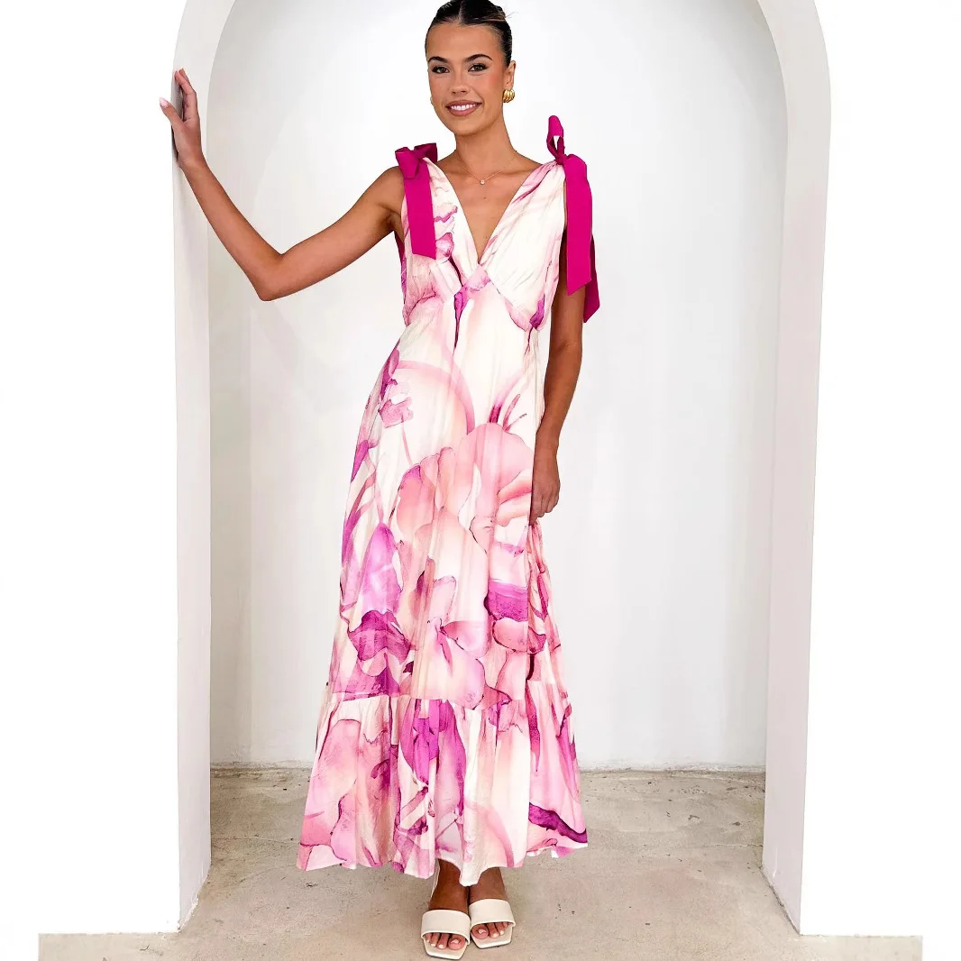 

Summer European And American Lace-up Women's Long Dress V-neck Sleeveless Printed Dress 68685