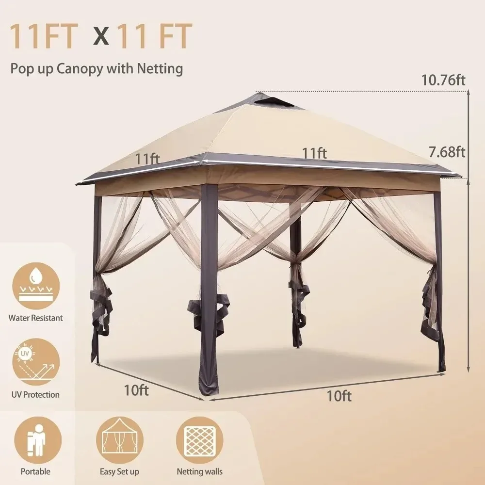 11x11 Ft Patio Gazebo 2-Tier Outdoor Pop Up Canopy Tent With Netting Sidewalls Brown Full Folding Awnings Camping Pergola Shade