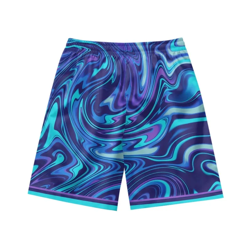 Graffiti blend blue letter print creative fashion trend casual loose summer men's drawstring sports basketball shorts