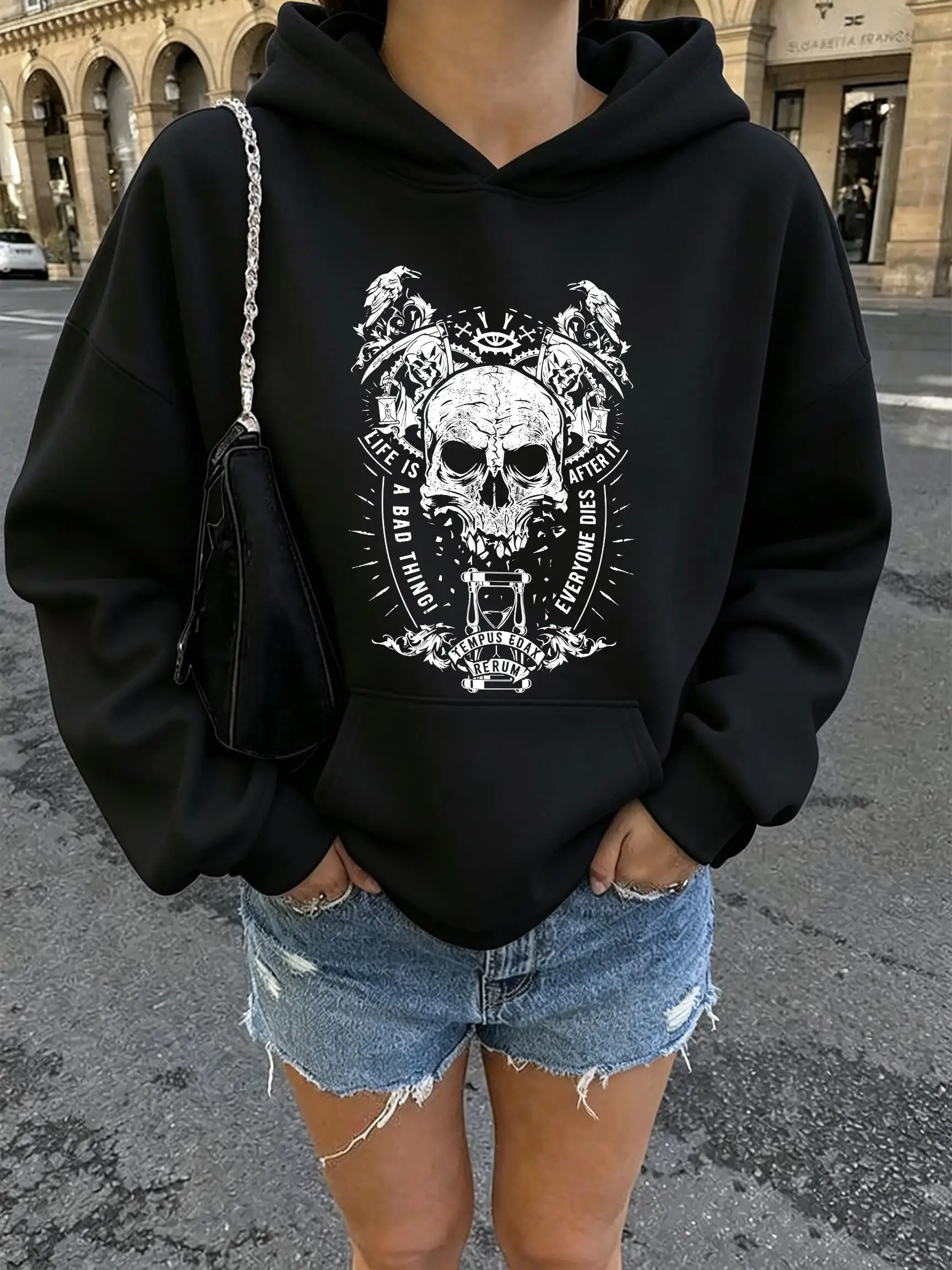 Dark Skull Crow Grim Reaper Pattern Women'S Hoodies Cotton Casual Hoody Autumn Loose Hoodie Pocket Jogging Y2K Pullovers