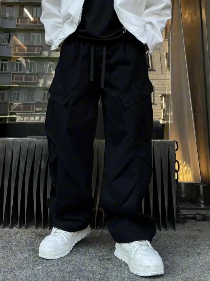 الرجعية الأمريكية ربيع الخريف الرجال السراويل مع كيتس كبيرة مطوي واسعة الساق فضفاضة مستقيم قطع السراويل الطويلة ملابس العمل #4