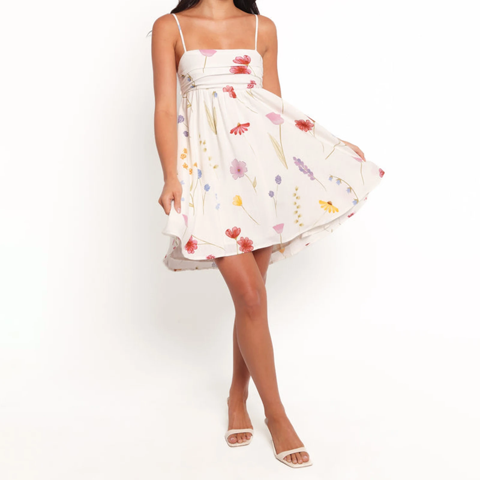 Combhasaki feminino verão sem mangas alças finas ajustáveis casual floral impressão amarrar arco recorte sem costas mini vestido de festa linha a