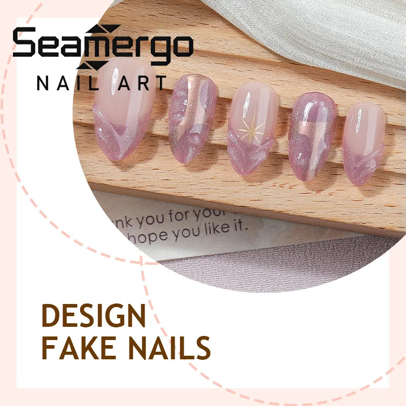 24PCS Purple Glitter Press on Nails Almond Fake Nails with Metallic Gold Accent Star Pattern Elegant Glam Nail Art for Women 