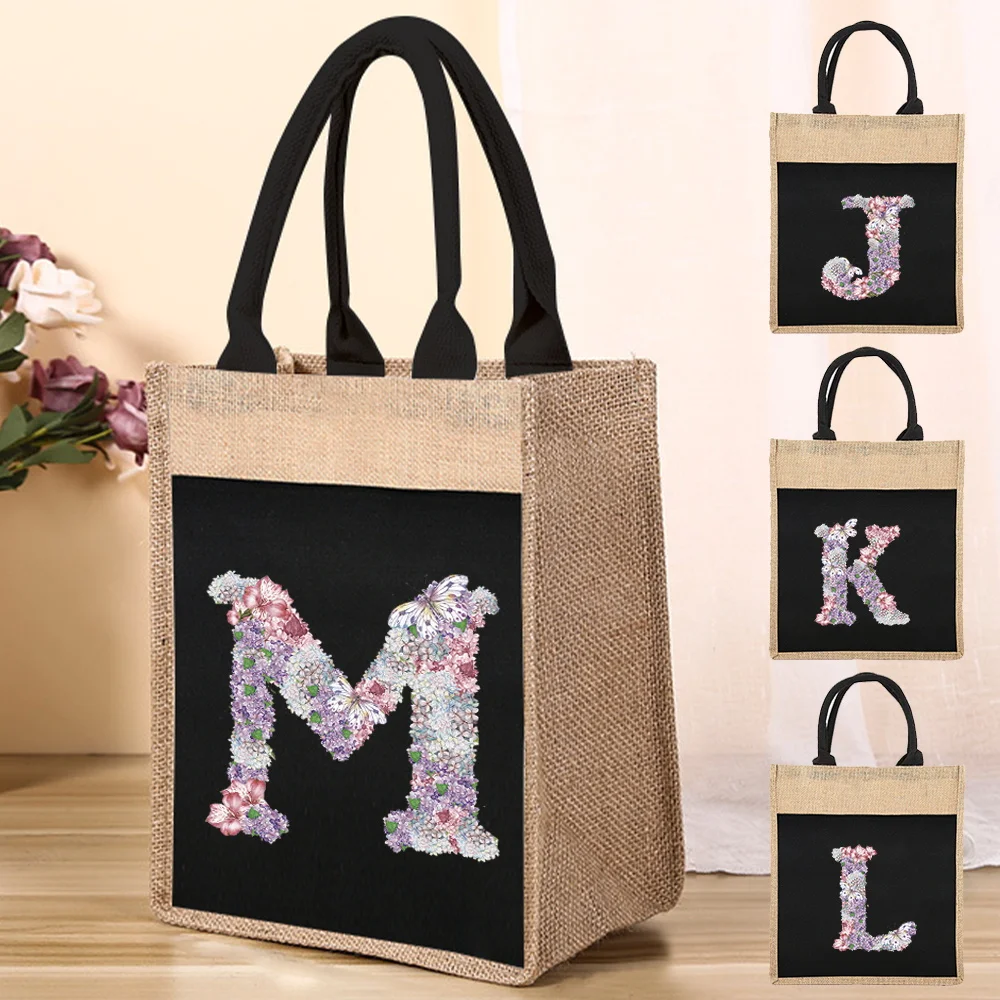 Women Linen Shoulder Bag Large Capacity Tote Bag Portable Shopping Bags Rose Flower Letter Versatile Beach Handbags Shopping Bag