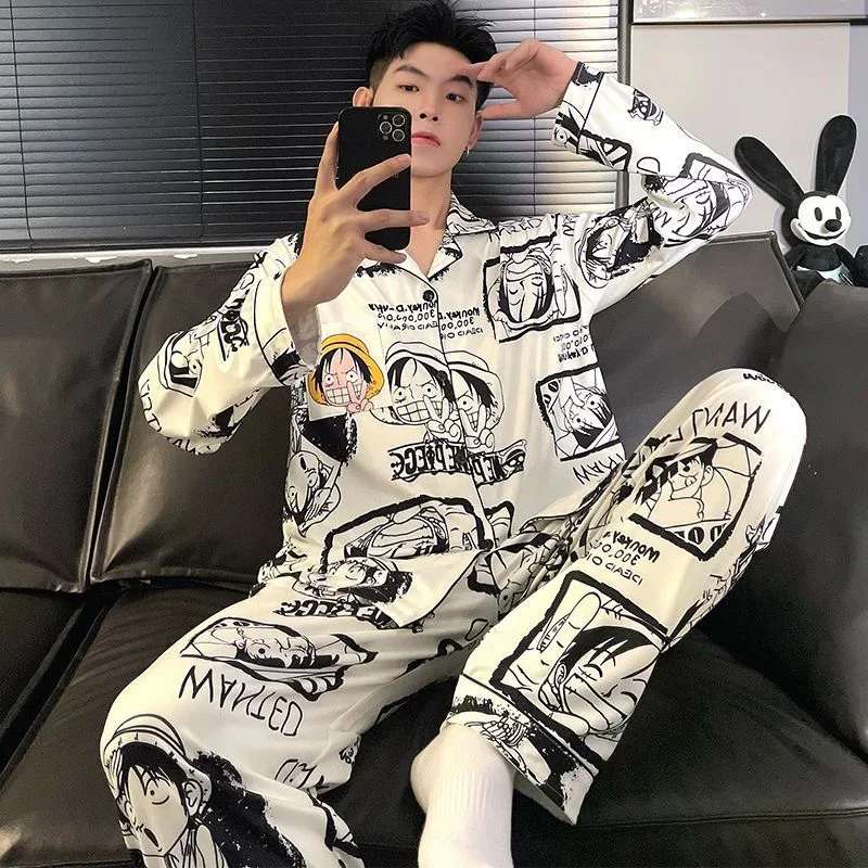 ONE PIECE Luffy autumn pure cotton cartoon long-sleeved trousers casual men\'s pajamas two-piece loungewear silk pajamas men