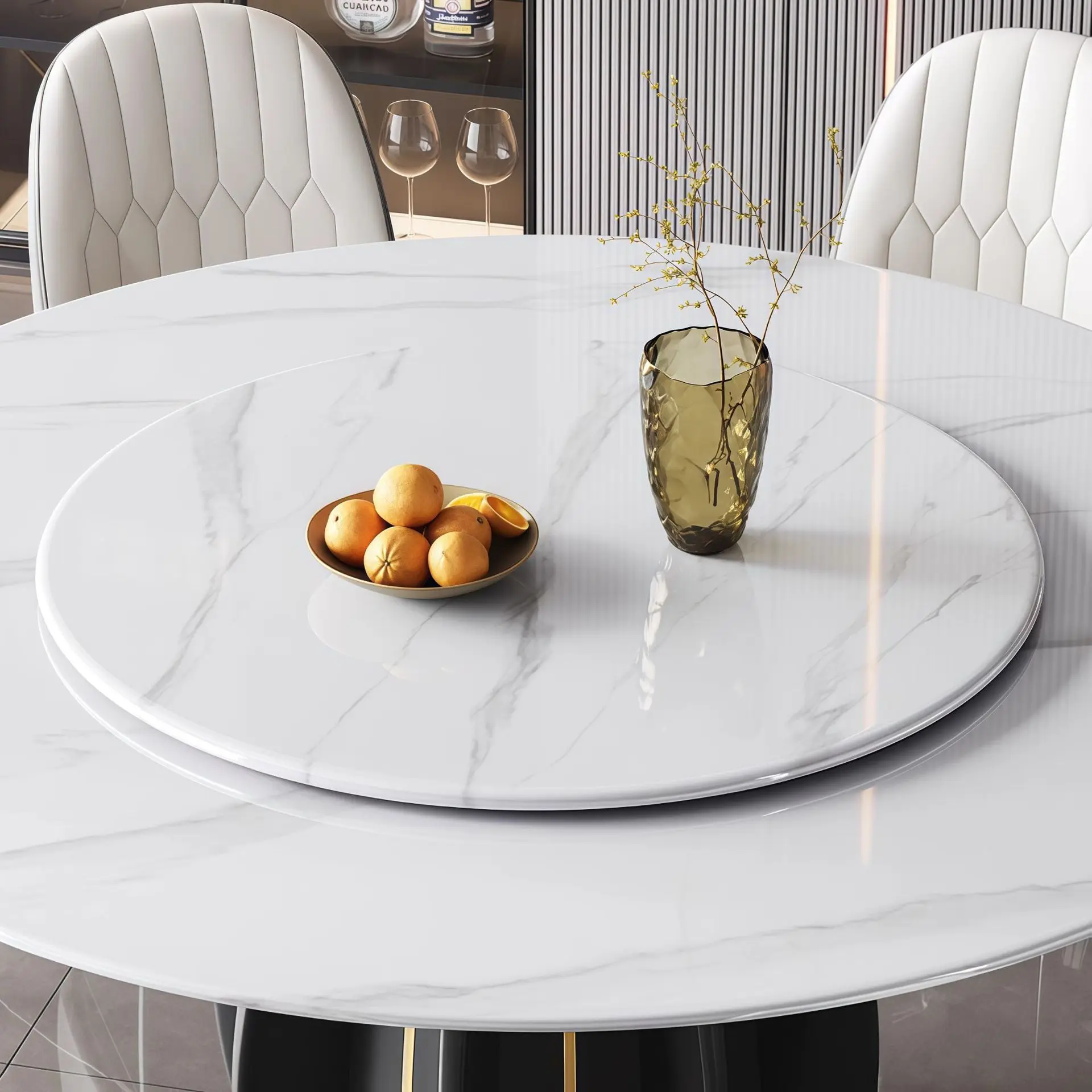 

Solid wood dining table round with turntable 6 people household modern simple high-end bright rock