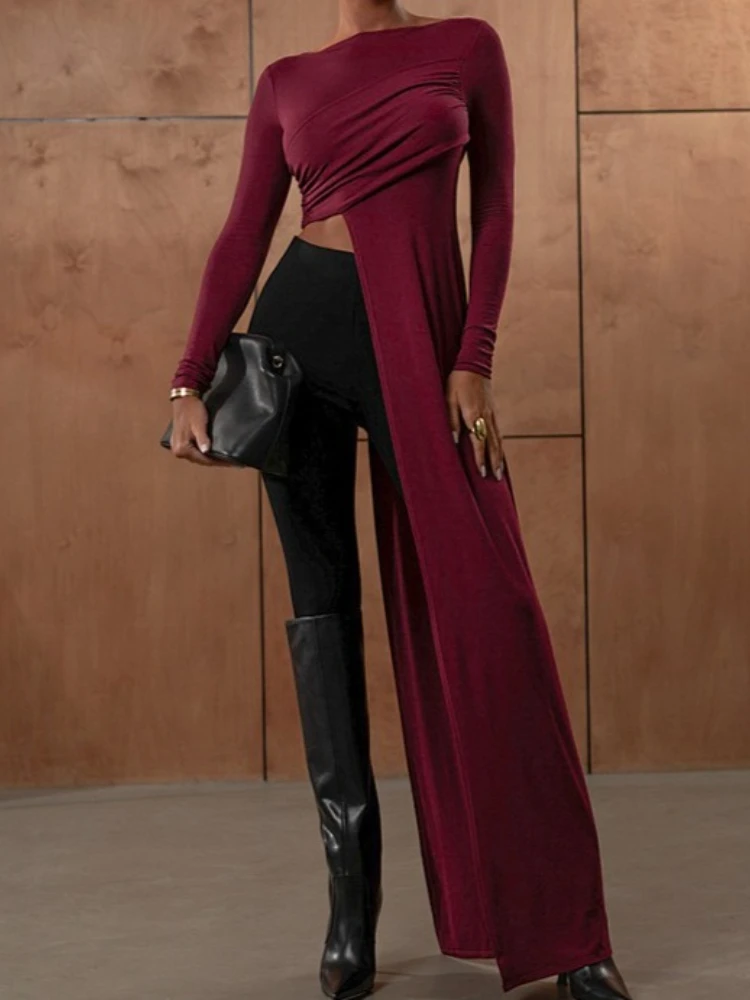 

SsTss Long Sleeve Asymmetrical T Shirt for Women 2025 Fall Winter Solid O Neck Slim Stretch Ruched Party Club Streetwear Outfit