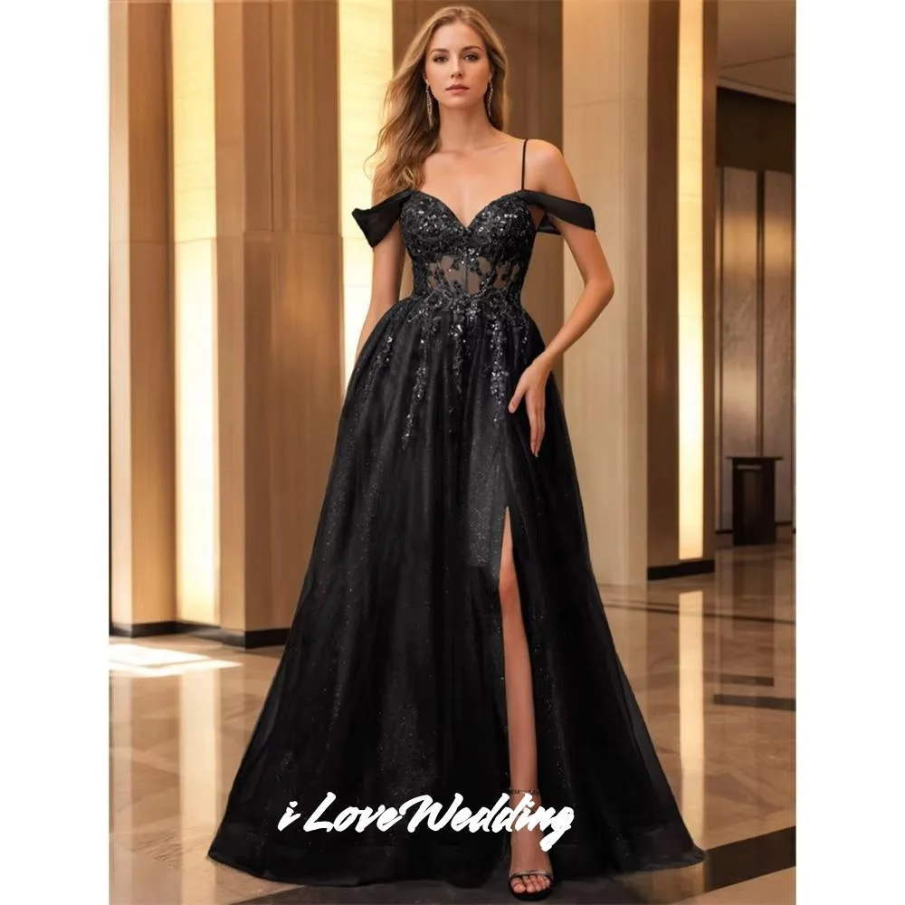 

Black V-Neck Evening Dresses 2025 Off Shoulder Appliques A-Line Floor-Length Side Split Lace-up Prom Dresses Pleated Customized