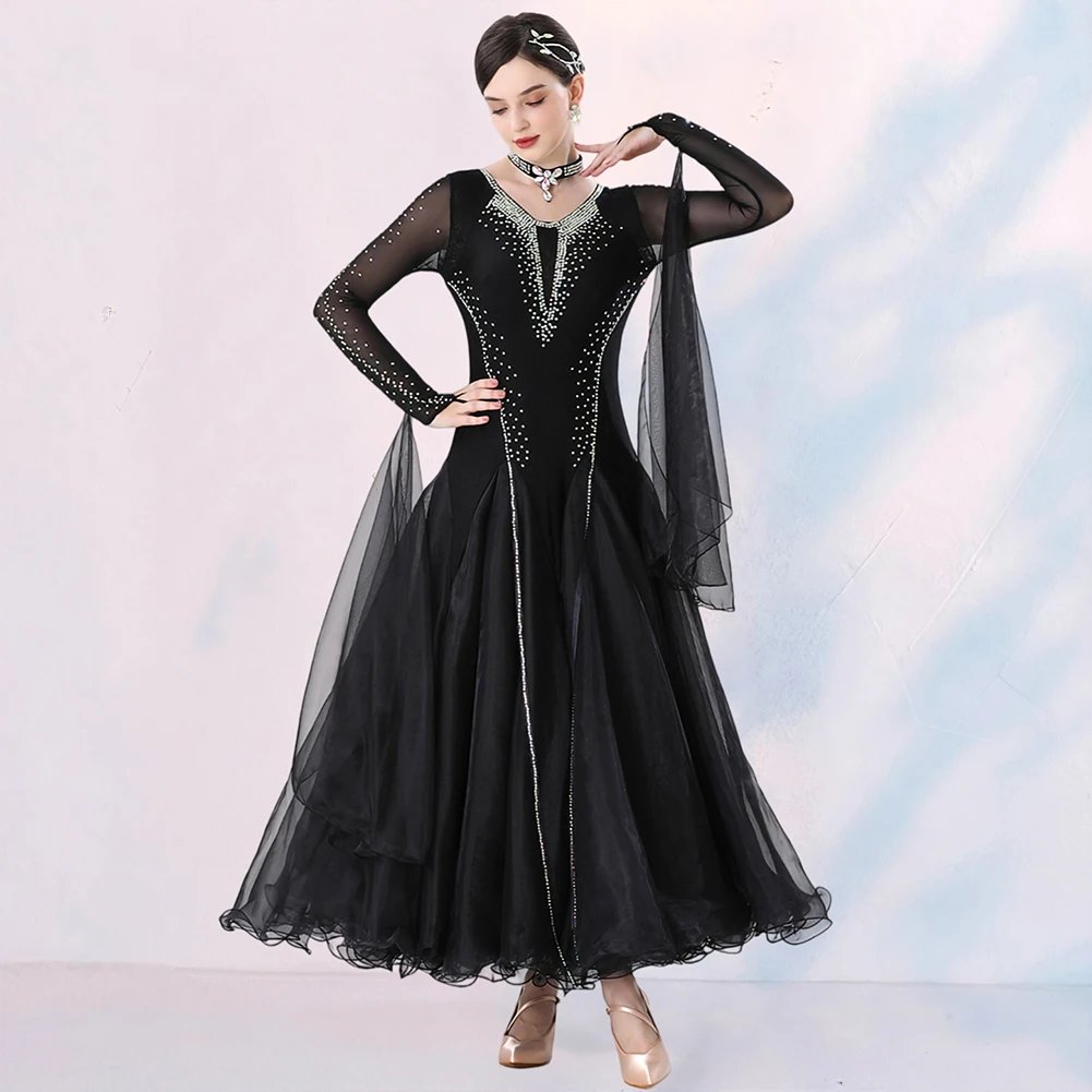 

Modern Dance Big Swing Dress Woman Competition Long Sleeved Dress Professional Tango Waltz Ballroom Dancing Performance Costume
