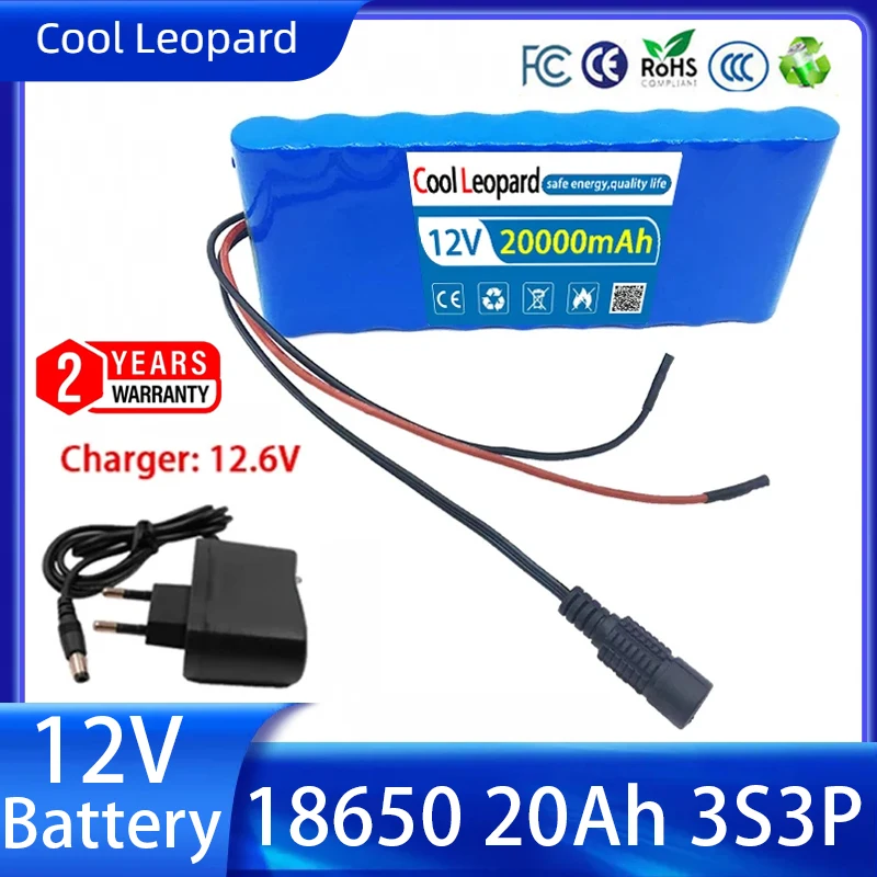 

18650 12V Lithium Ion Battery Pack Super Large Capacity 20Ah 3S3P Rechargeable Battery For CCTV Cam Monitor With BMS Charger