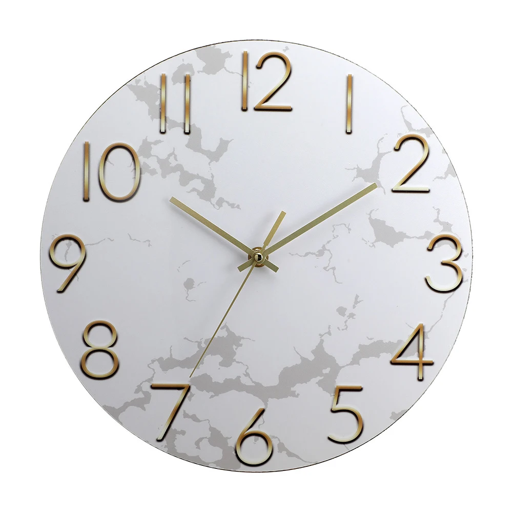 12 Inch Clock Marble Pattern Wall Clock Chic Home Decor MDF Material Non-Ticking Mechanism Chic Modern Wall Clock