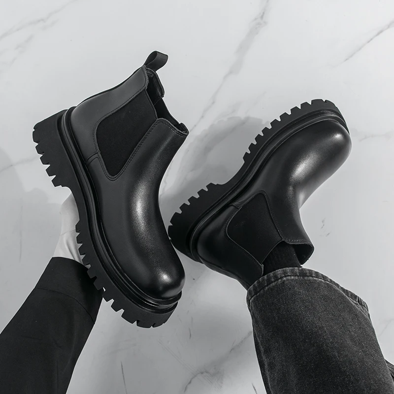 Autumn Fashion New Business Casual High Top Boots Classic Black Men's Comfortable Cover Foot Thick Sole Anti Slip Chelsea Boots