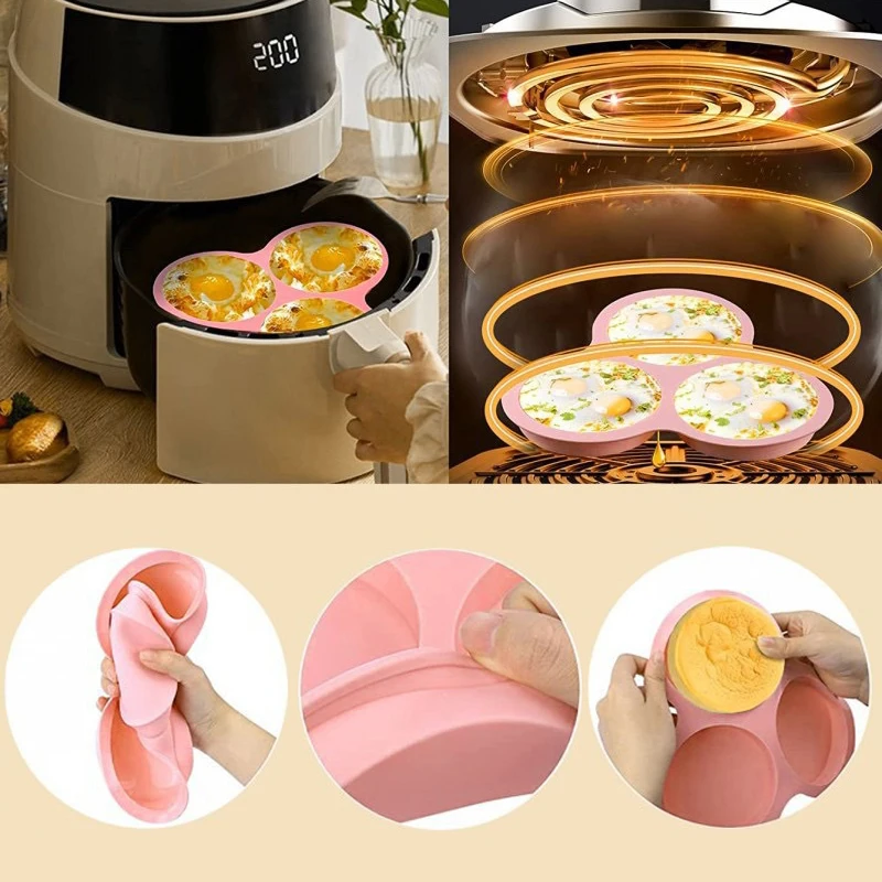 Molde de silicona antiadherente para freidora de aire, forma redonda, 3 cavidades, sartén para huevos, vaporera, herramienta de cocina para huevos fritos
