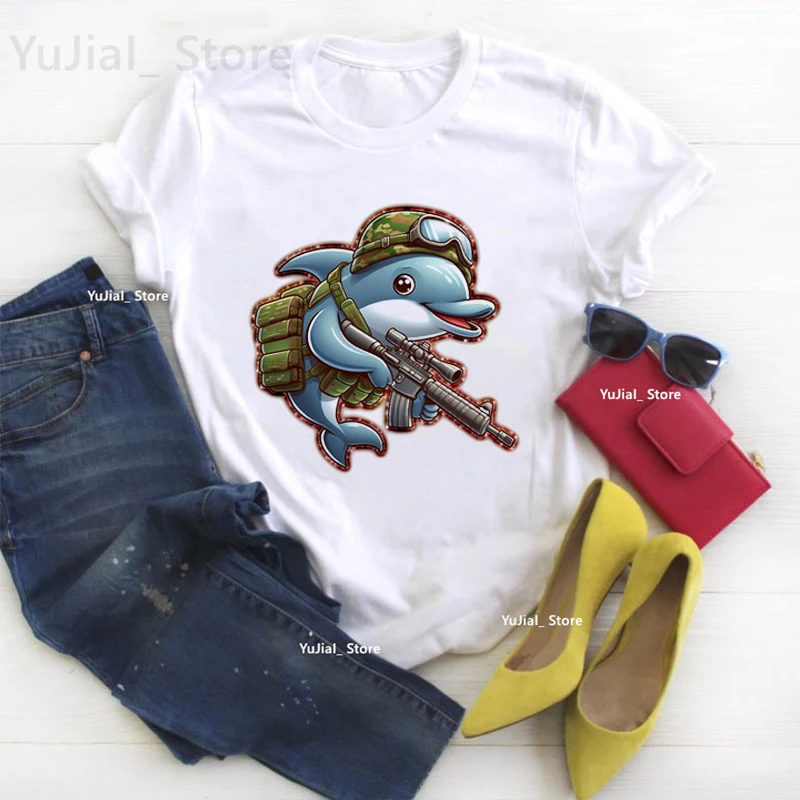 

Funny Dolphin Cartoon Printed T Shirt Girls Summer Fashion Tshirt Women Harajuku Kawaii Clothes White Short Sleeve T-Shirt