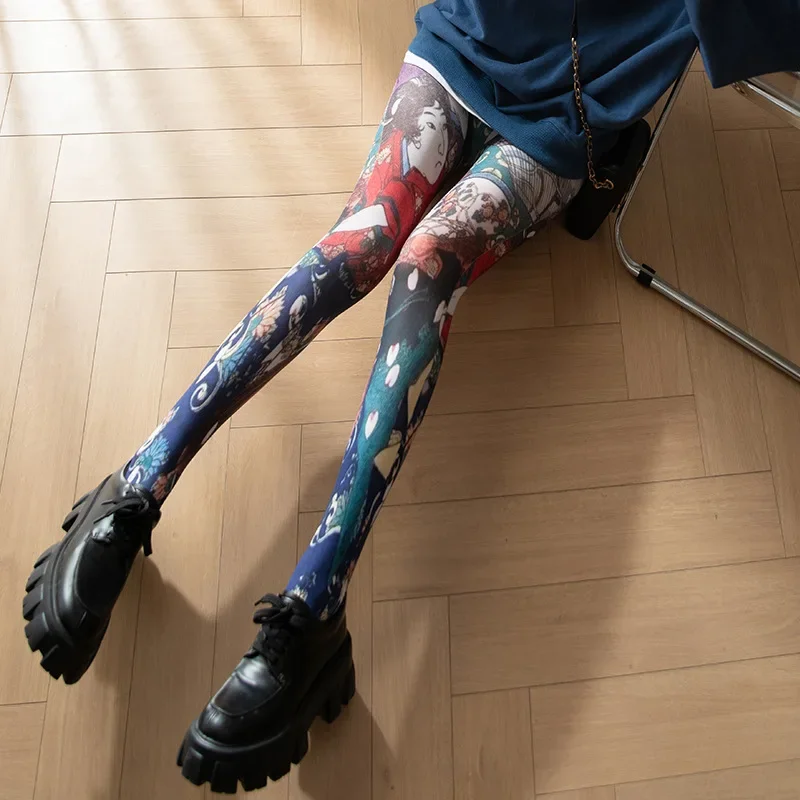 Women Retro Printed Tights Abstract Portrait Stockings Female Multicolour Fashion Pantyhose Nylon Silk Tights Ins Long Socks New