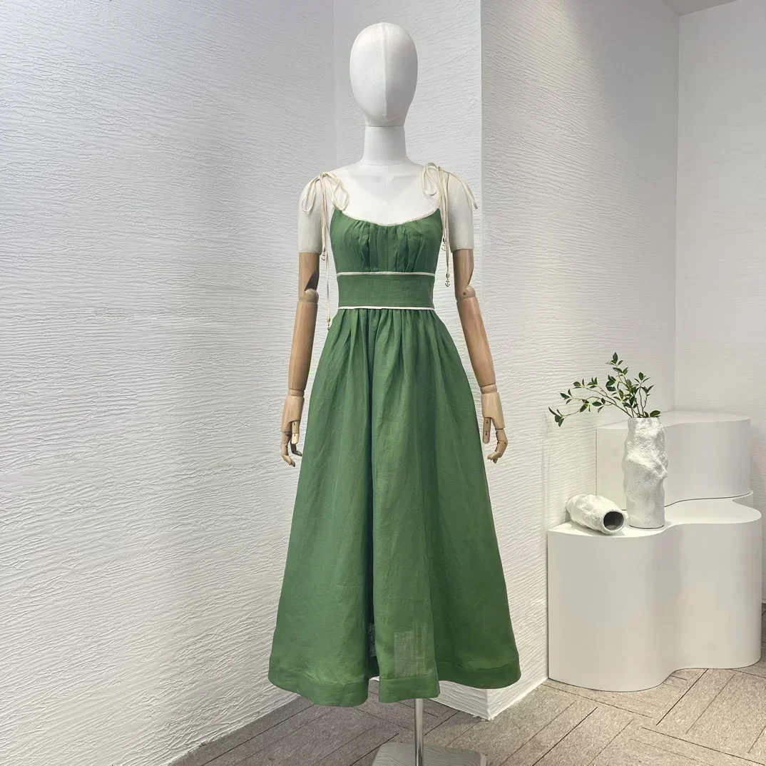 Elastic Shirred Back Top Quality 2024 New Green Pure Linen Sleeveless Pleats Lace-up Women Midi Dress