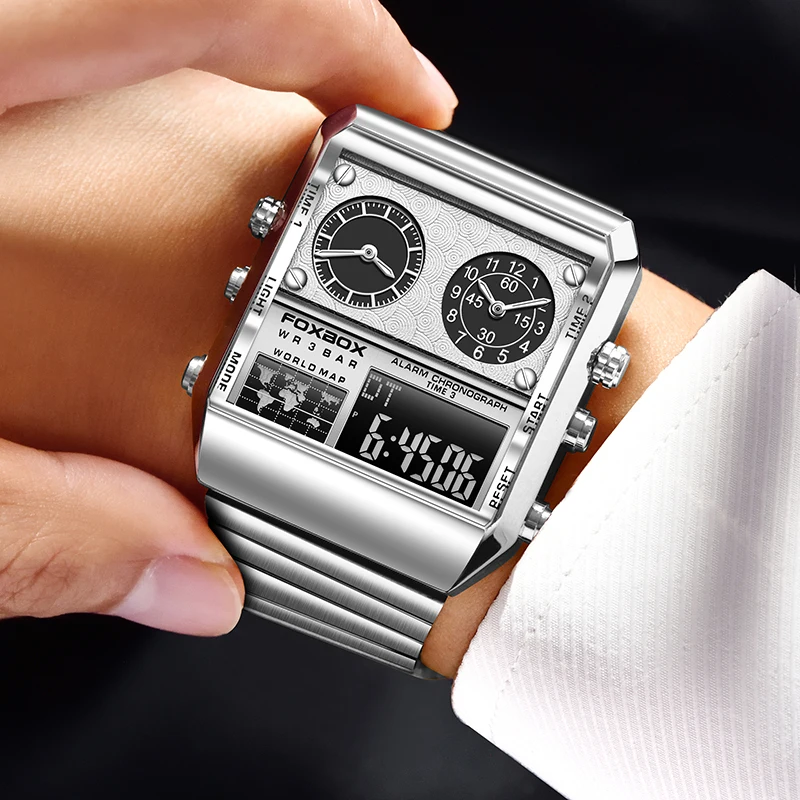 FOXBOX جديد فاخر مربع الفولاذ المقاوم للصدأ مقاوم للماء ساعة رجالية موضة ساعات رقمية للرجال ساعة عسكرية LED ساعة يد رياضية