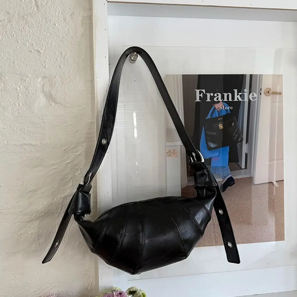 حقيبة كتف كرواسون بنية أنيقة باللون الأسود، حقيبة صغيرة من البولي يوريثان، حقيبة زلابية بلون سادة على الطراز الكوري للفتيات #3