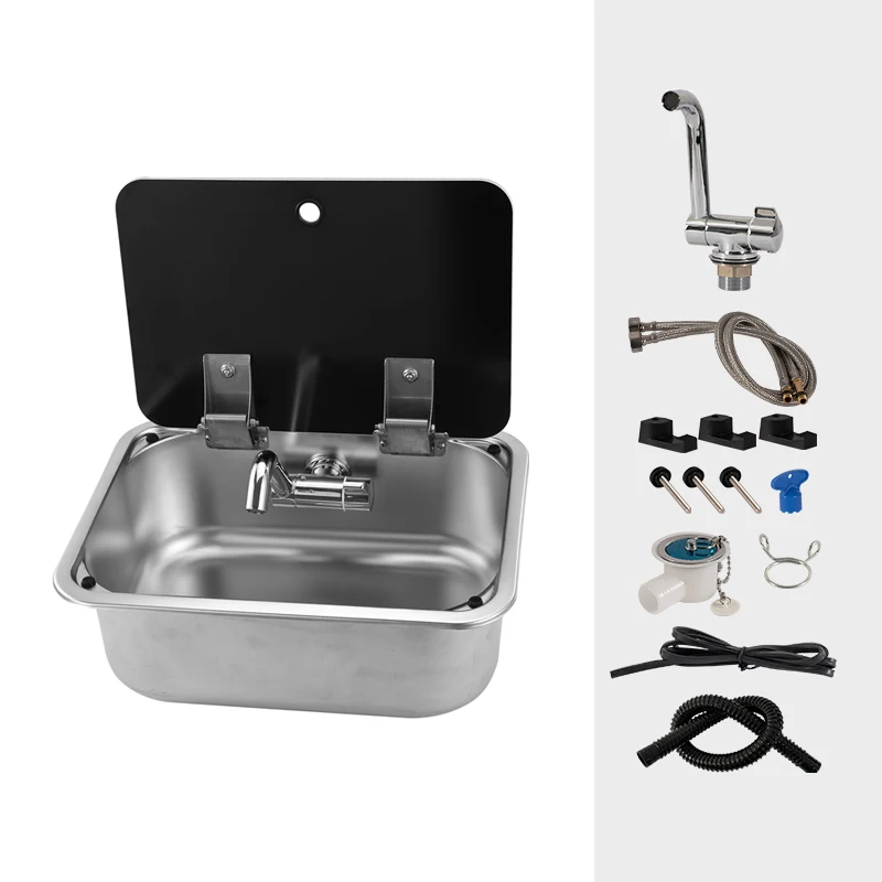 

RV Sink with Hot Cold Water Faucet Cutting Board Cover 304 Stainless Steel, Suitable for Kitchens in Camper, Boats, Yachts, etc.