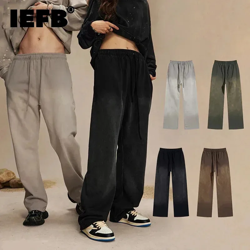 IEFB American Style Men's Sweatpants Trendy Spray Dyeing Drawstring Washed Casual Loose Men Wear Trousers Streetwear 9C9350