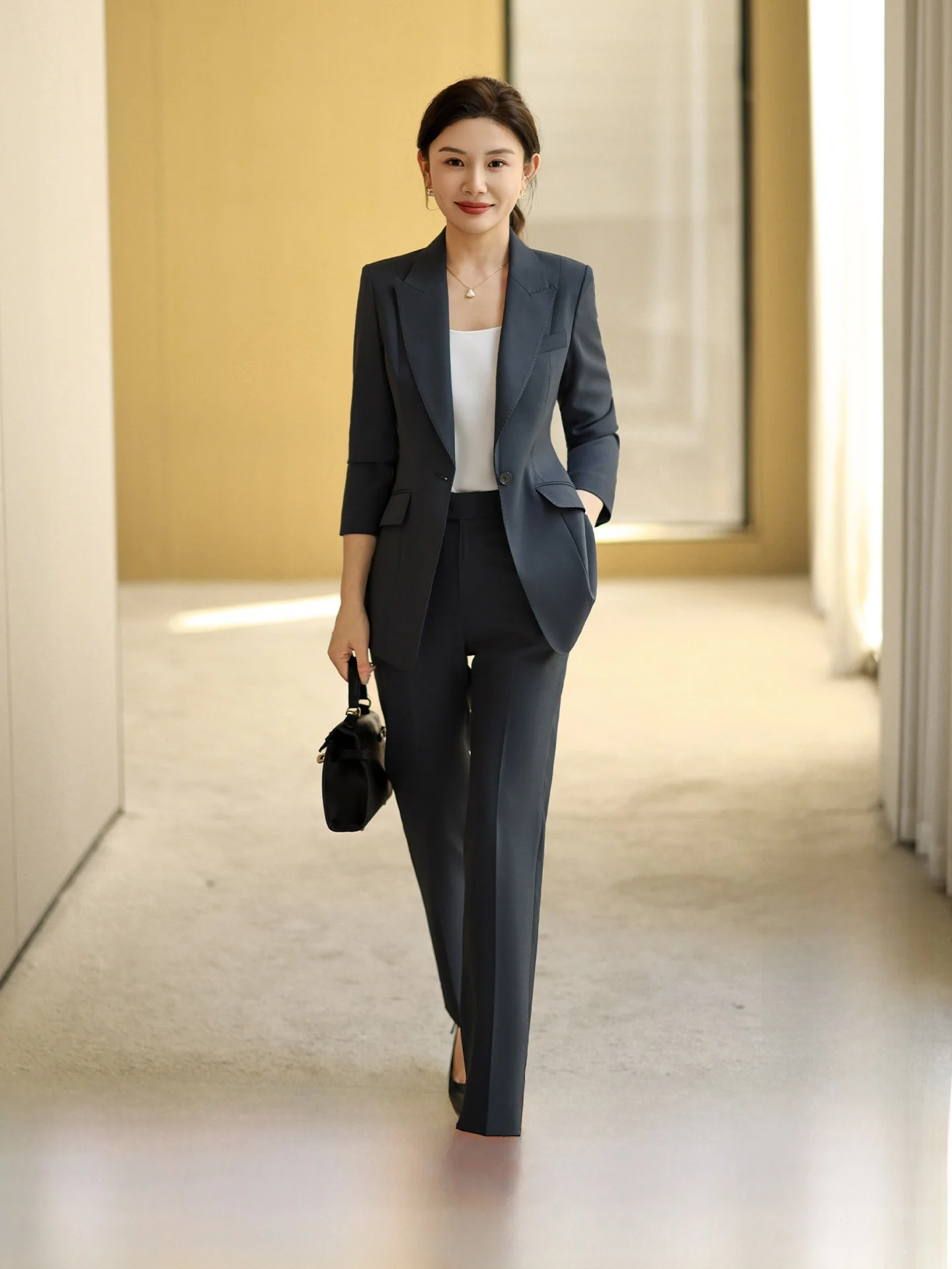 Summer Thin Deep Grey Suit Set Women's New Long Sleeve Professional Business Formal Interview Suit Pants Breathable Polyester