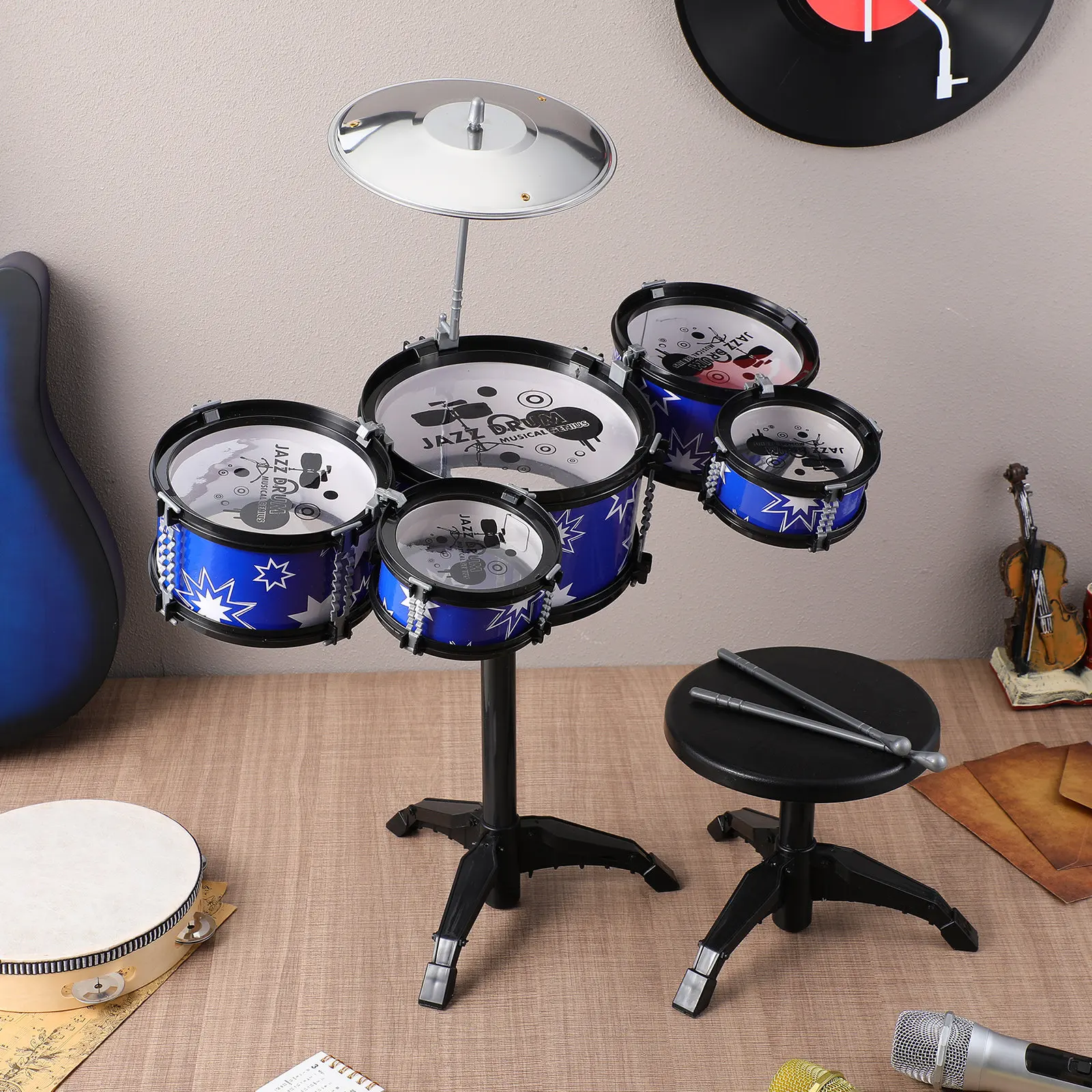 Drum Set for Toddlers 1-3 Years Old Complete Percussion Kit Includes Tambourine Cymbal Drumsticks Stool Stimulates Music