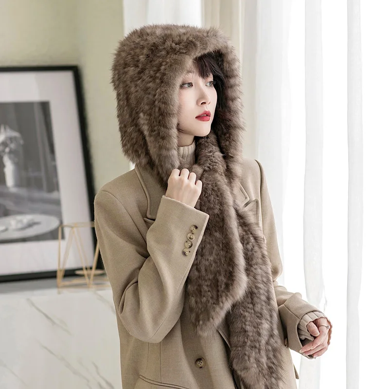 Besfilin Real Sable Chinchilla Fur Scarf Hat Integrated Knitted Mink Fur Hat to Keep Warm for Women Travel Autumn and Winter