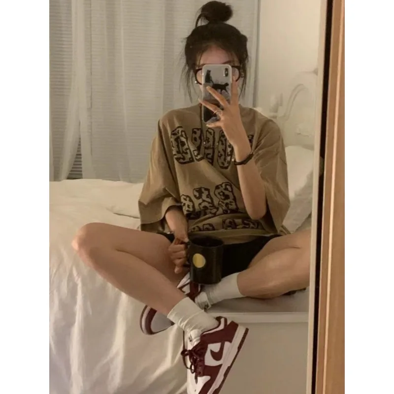 Brief Print Puur Katoen Dames Korte Mouwen T-shirt Amerikaanse Vintage Y2k Vrouw Kleding Modieuze Loose Fit Veelzijdige Tops