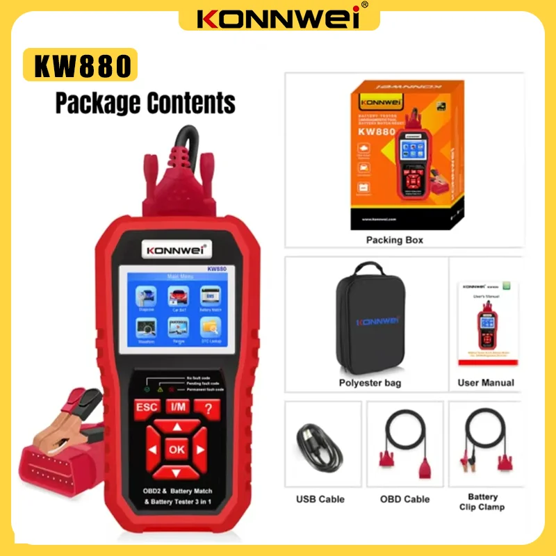 KONNWEI KW880 Auto Battery Tester OBDII Diagnostic Fault Scanner For 6V-12V Auto Motorcycle Battery Test KW208/KW650/KW510