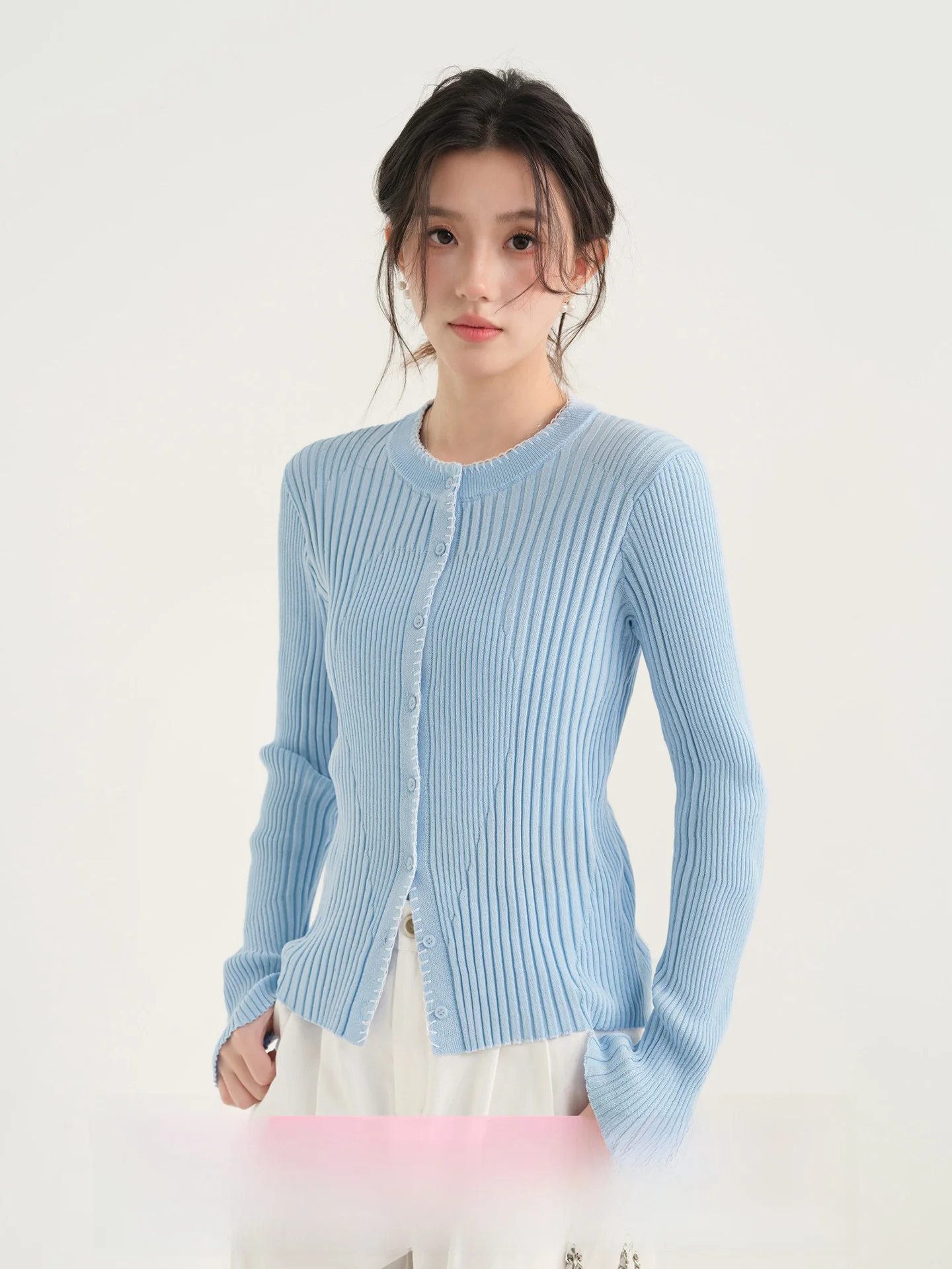 

Muye Easy Korean Sle Blue Knitted Open Cardigan Women's round Ne Long Sve Texture Sense Inner Wear Spring Season Top