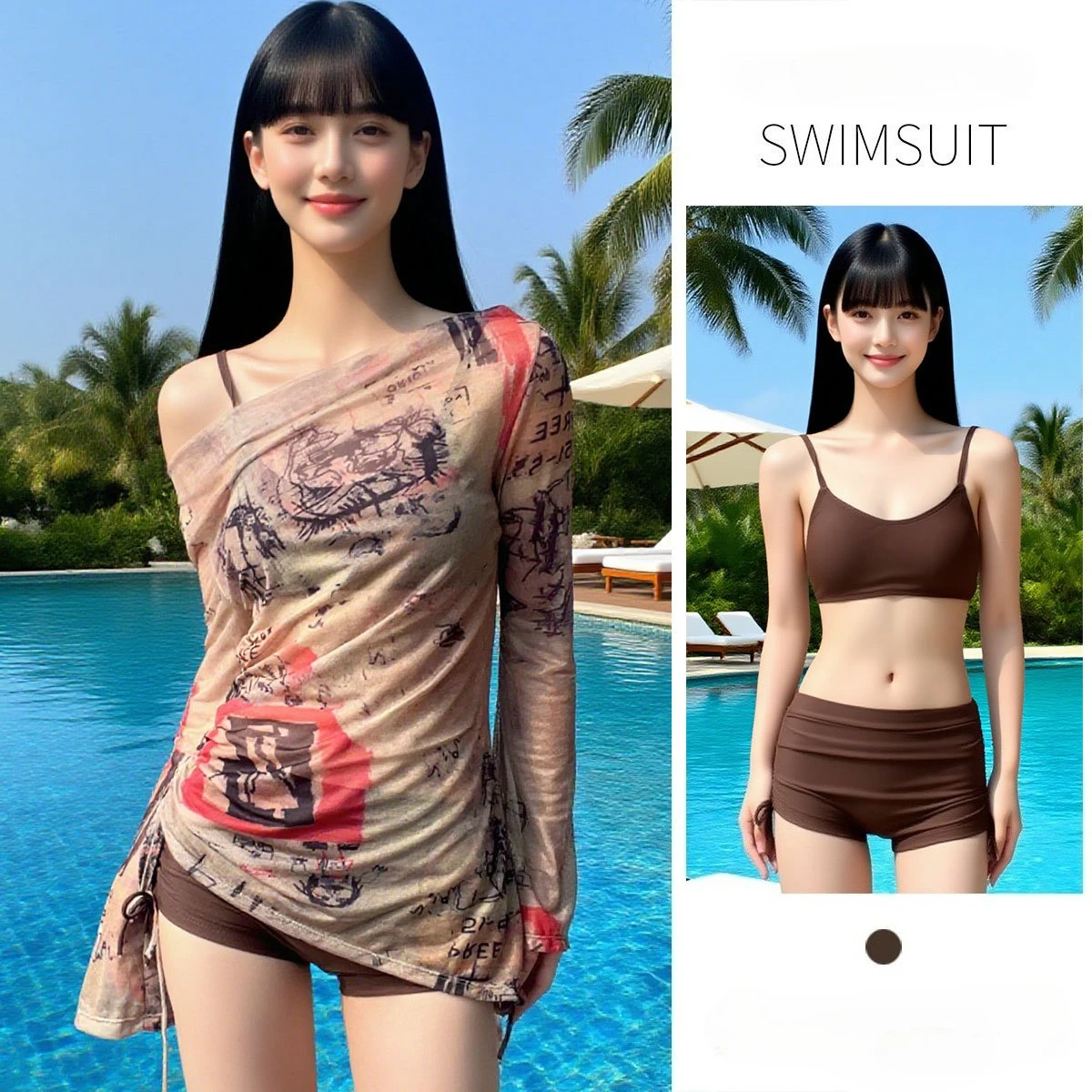 sexy Kpop conservative print bikinis sets three pieces coffee bikini shorts with drawstring long sleeve smock swimsuit biquini