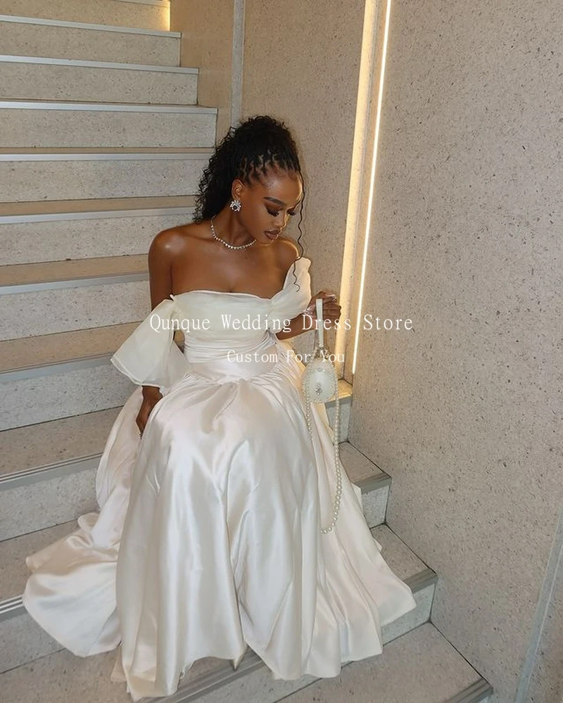 Qunque A-Line Satin Wedding Dresses Off The Shoulder Organza Puff Sleeves Bridal Gowns Ankle Length Vestido de Novia Customized