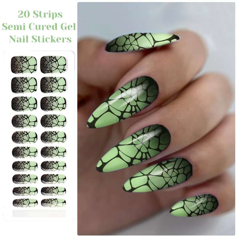 Halloween Lichtgevende Semi Uitgeharde Gel Nail Strip Sneeuwvlok Spider DIY Gel Polish Stickers voor Nagels Werkt met UV/LED nagellampen