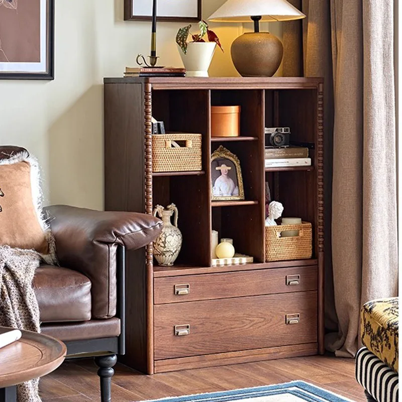 French retro module combination half wall bookcase study home living room solid wood floor low bookshelf medieval short cabinet