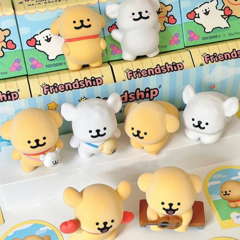 Genuine Maltese Dog Little White Friendship Series 8pcs Blind Box Flocked Figure Model Cute Ornament  Surprise Trendy Toy Gift