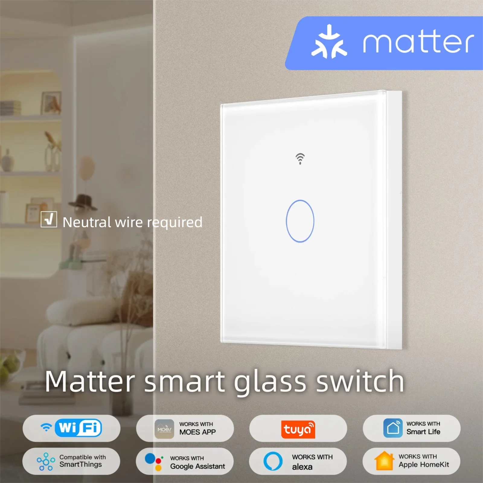 

Умный выключатель света MOES Matter с Wi-Fi, сенсорным стеклянным управлением, голосовым управлением, совместимый с Alexa и Google Home.