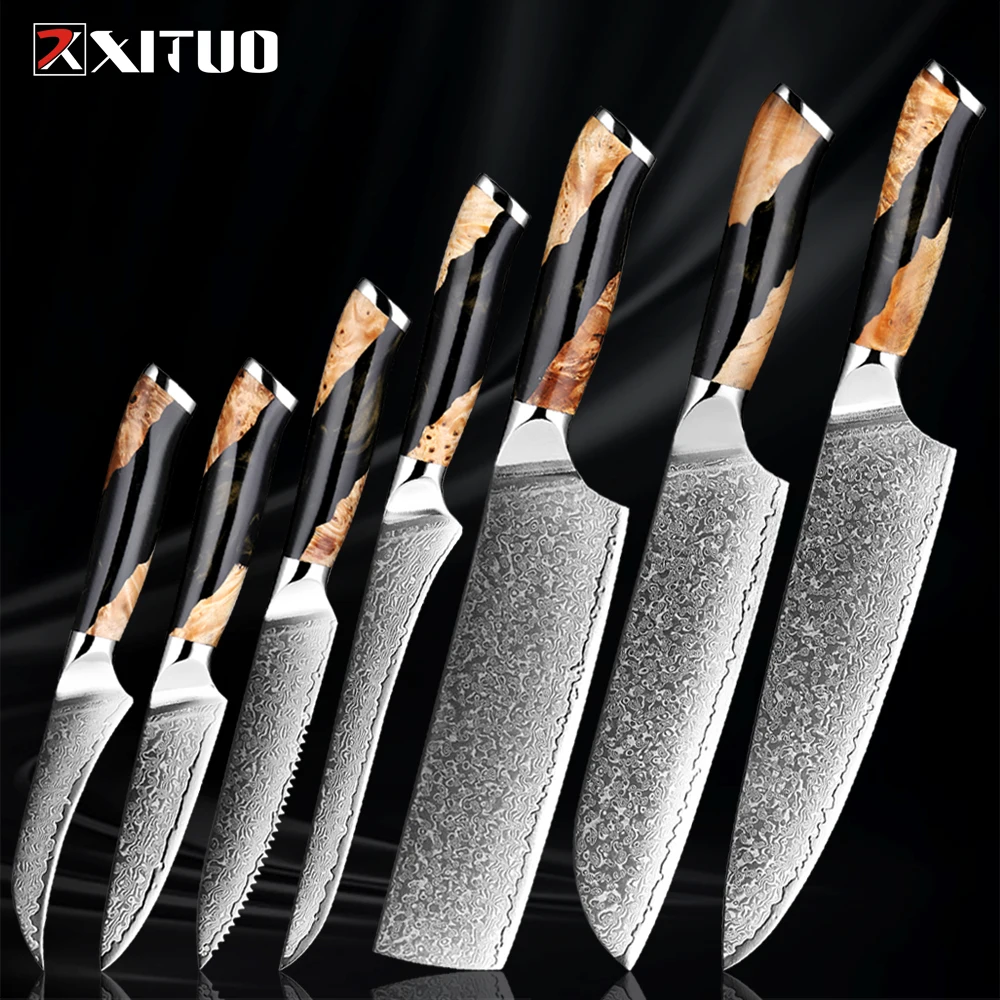 Damascus Knife Set 1-7 PCS,Razor Sharp Kitchen Knives Japanese Damascus Steel Well-Balanced Chef Knife Set Resin Wooden Handle