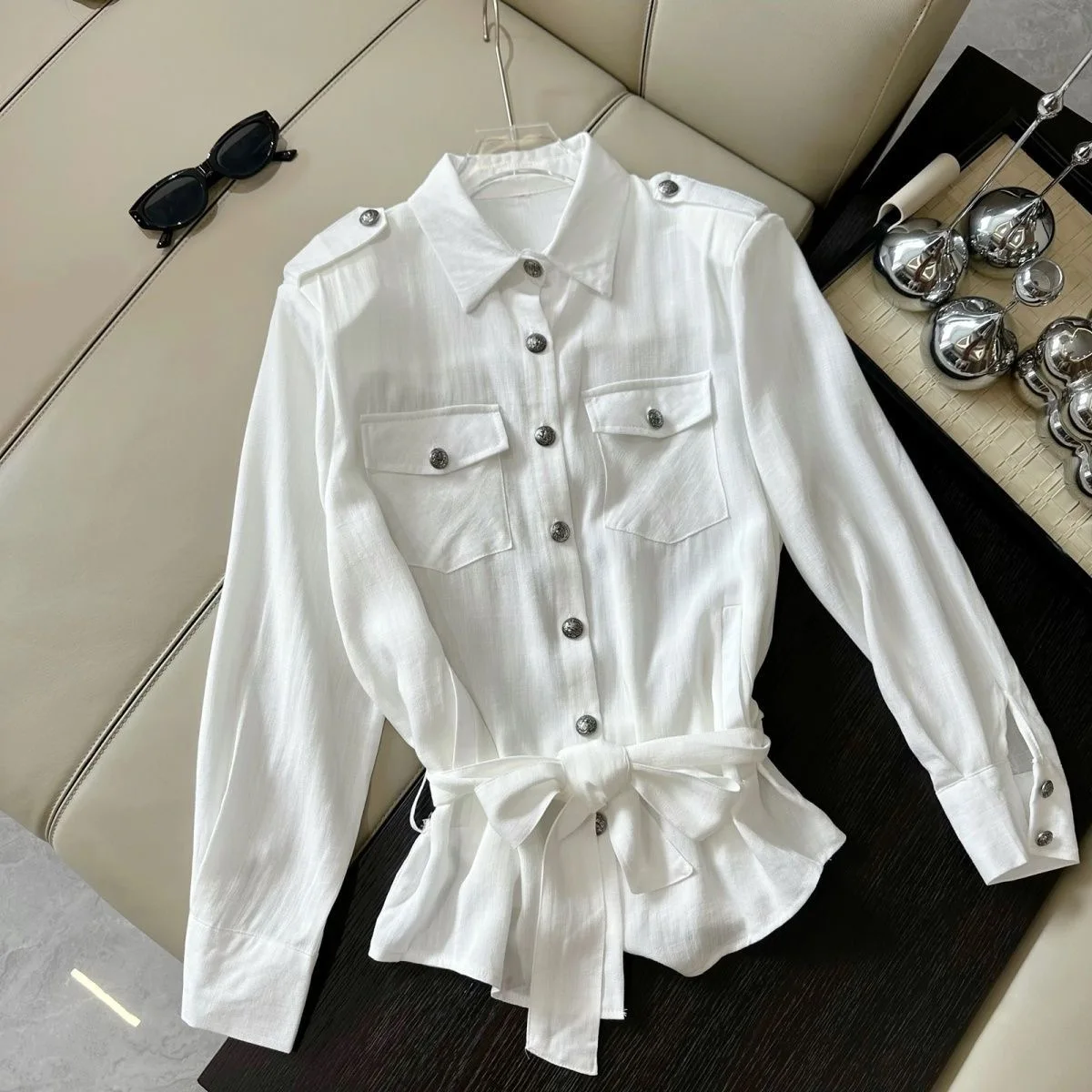 

Linen Long Sleeve White Shirt Thin Sun Protection New Year Outerwear Collar Button up Women's Comfortable Breathable Shirt