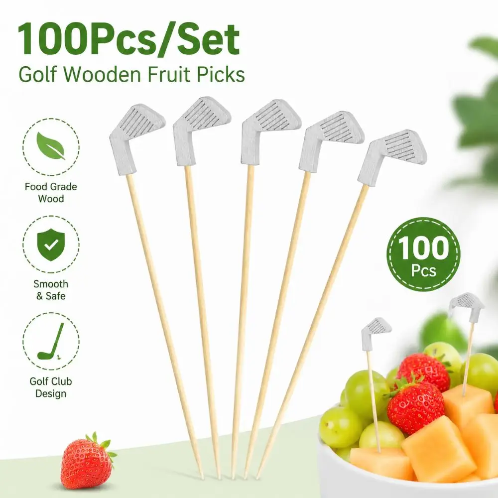 100Pcs/Set Wooden Disposable Golf Cocktail Picks Eco-Friendly Golf Club Head Design Golf Toothpicks Cake and Dessert Decoration