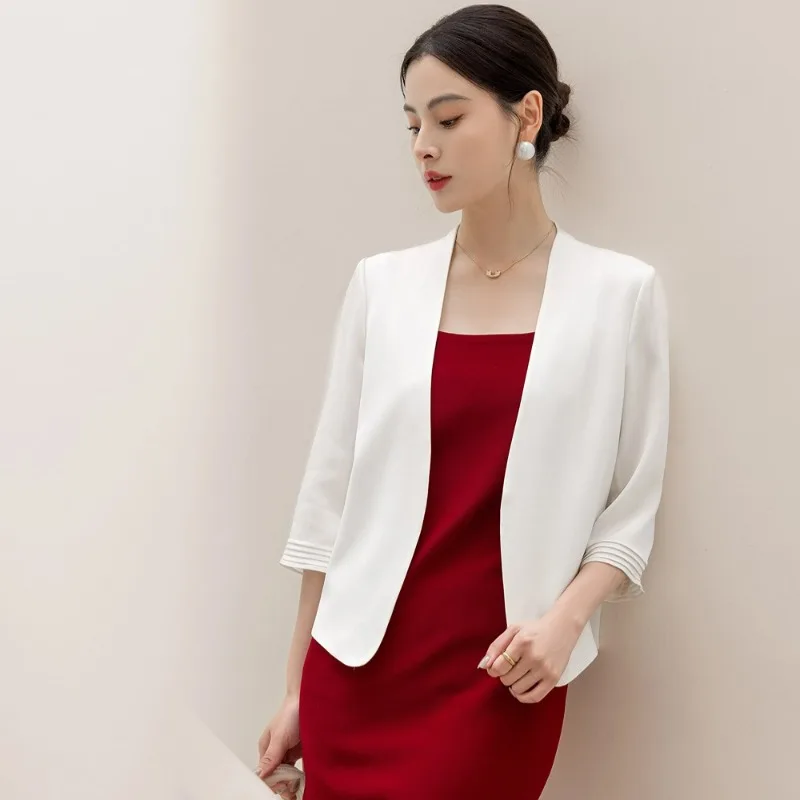 

Summer Solid-color Acetate Suit Jacket Women High-end Five-sleeved Collarless Versatile Short Suit Fashion Commuter Women's Wear
