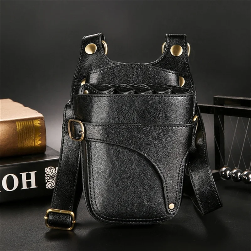 1PC Black Cowhide Hair Scissor Bag Clips Bag Hairdressing Barber Scissor Holster Pouch Holder Case with Belt Multifunction